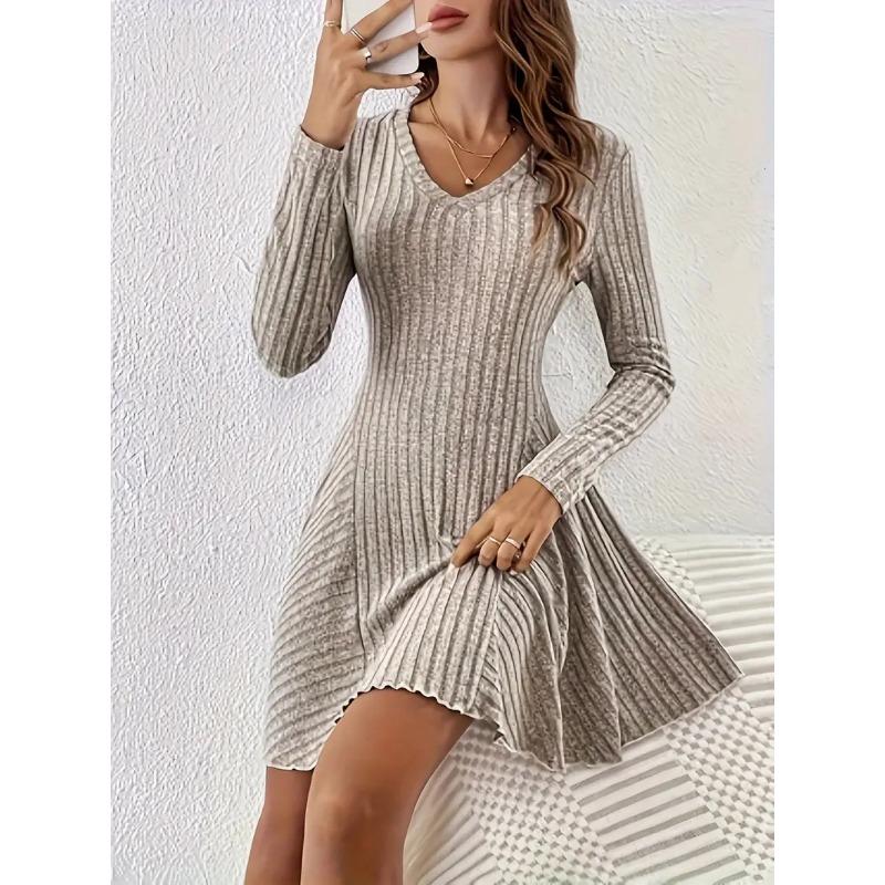 2025 Spring Autumn Knitted V-neck Long Sleeve Sweater Dress Elegant Slim Fit Women Casual Simple A-line Short Dress Fashion Solid Color Party Clothing