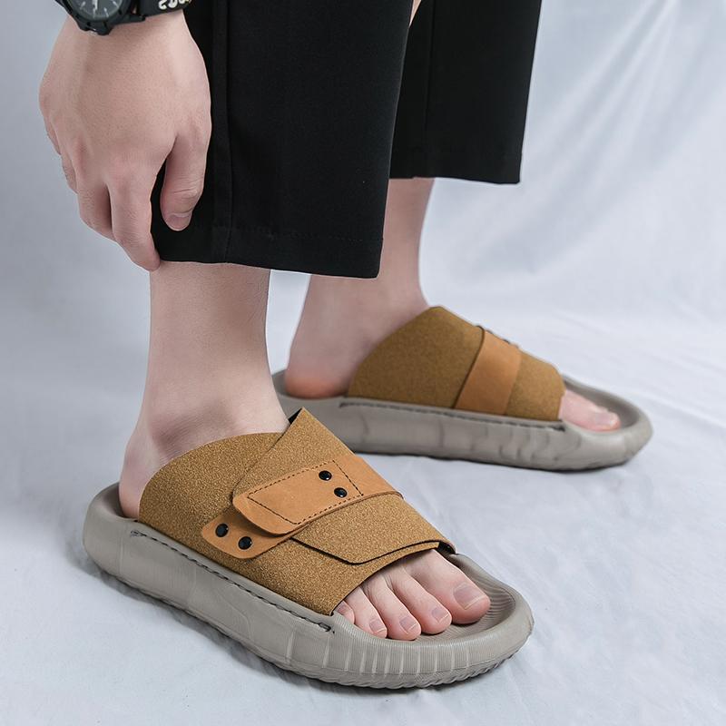 Summer New Brown Black Men's  Comfort Thick-soled Suede Leather Casual Shoes Breathable Beach Sandals Outdoor Slippers