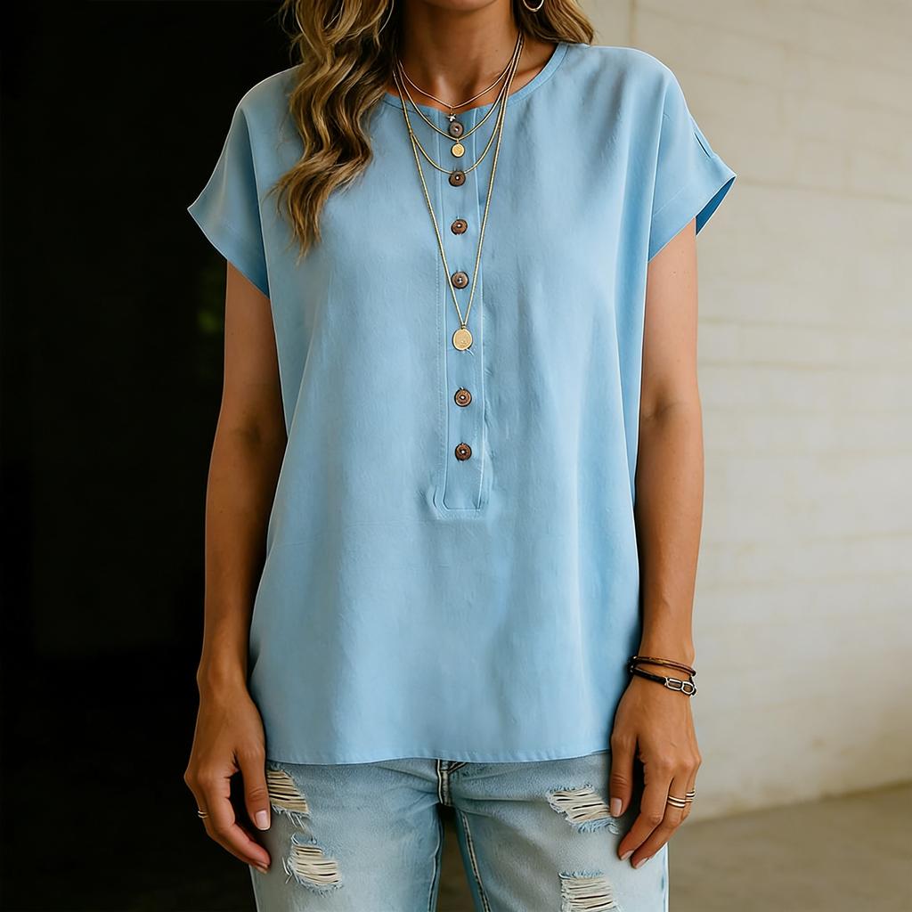 Women's Short-sleeved Plain-colored Button-up Blouse