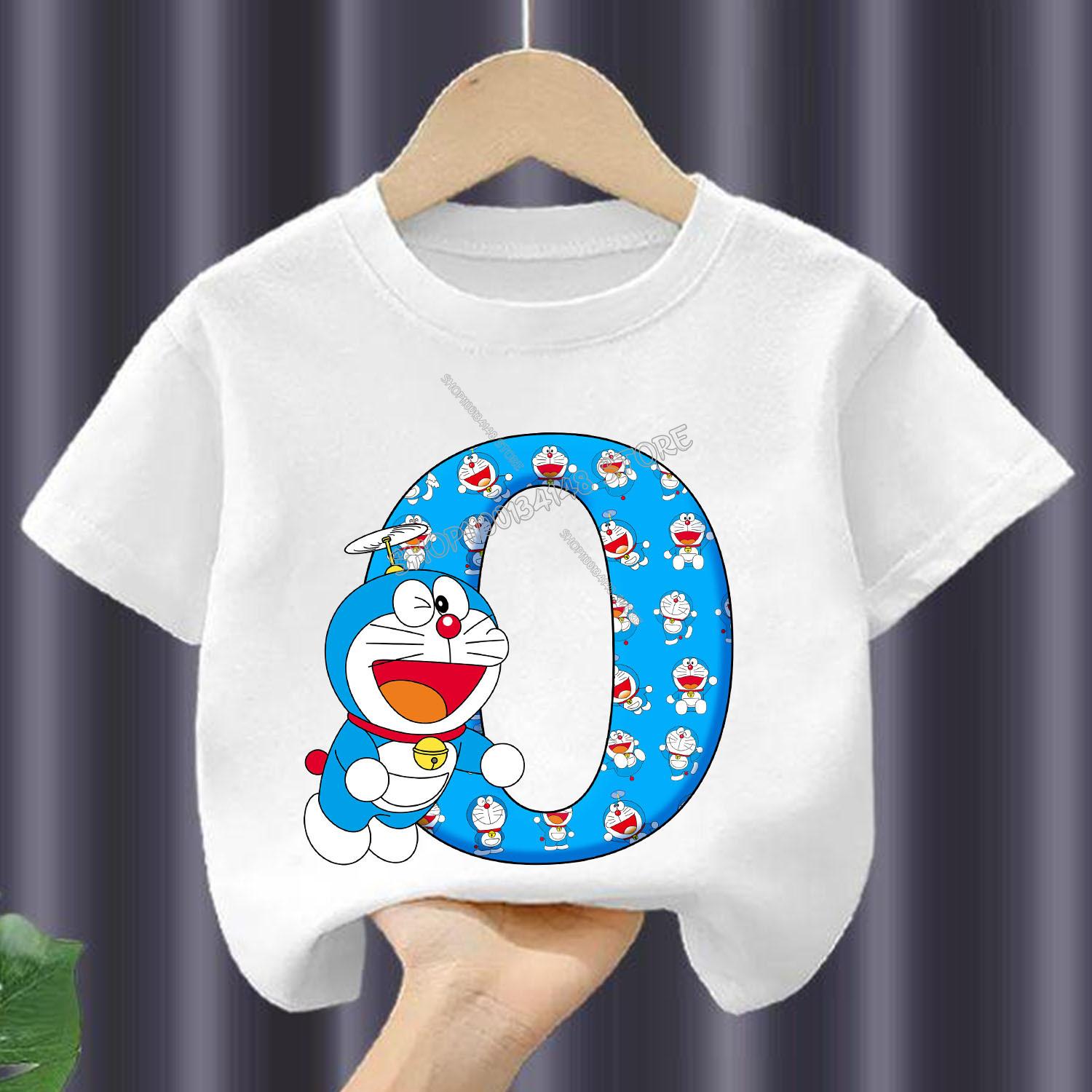 

Doraemon T-shirt for Children Blue Letter A-Z Tee Top Cute Cartoon Round Collar Clothes Fashion Kids Anime White Clothing Gift 140