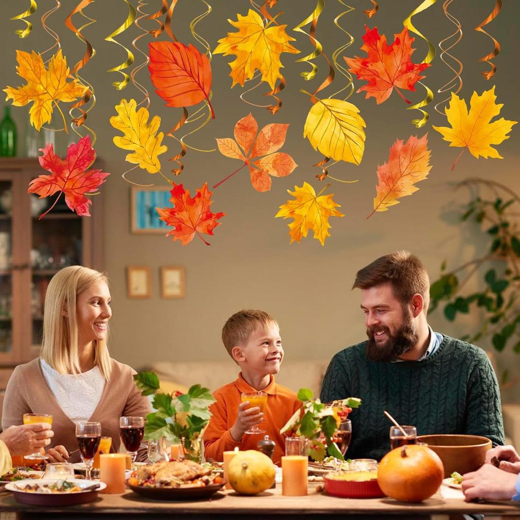 KALEFO 30Pcs Fall Decorations Autumn Hanging Swirls Thanksgiving Decoration Maple Leaf Themed Party Supplies Hanging Foil Swirl Decor for Home
