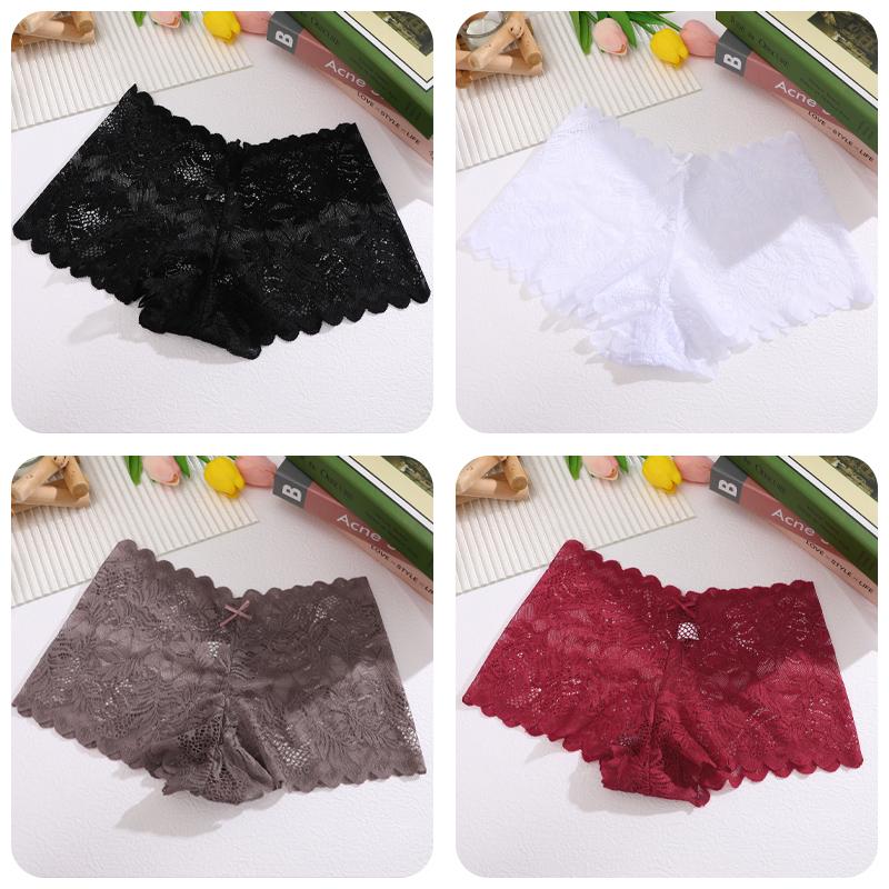 4 Stück/SET Damen Spitzen Hollow Out Boyshorts Unterwäsche Sexy Blumendruck Slips Weiblich Niedrige Taille Perspektive Lingerie Boxershorts