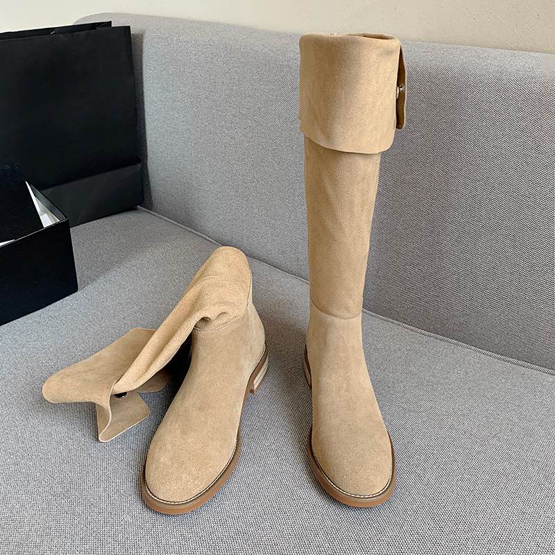 Krazing Pot 2024 krowa zamszowe jesienne buty zimowe okrągłe Toe rozmiar 40 niskie obcasy Slip on buty zachodnie nity damskie buty zakolanówki