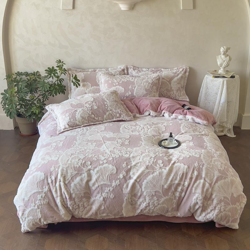 3D Three-Dimensional Thickened Rabbit Hair Carved Fleece Milk Fleece Four-Piece Single Quilt Cover