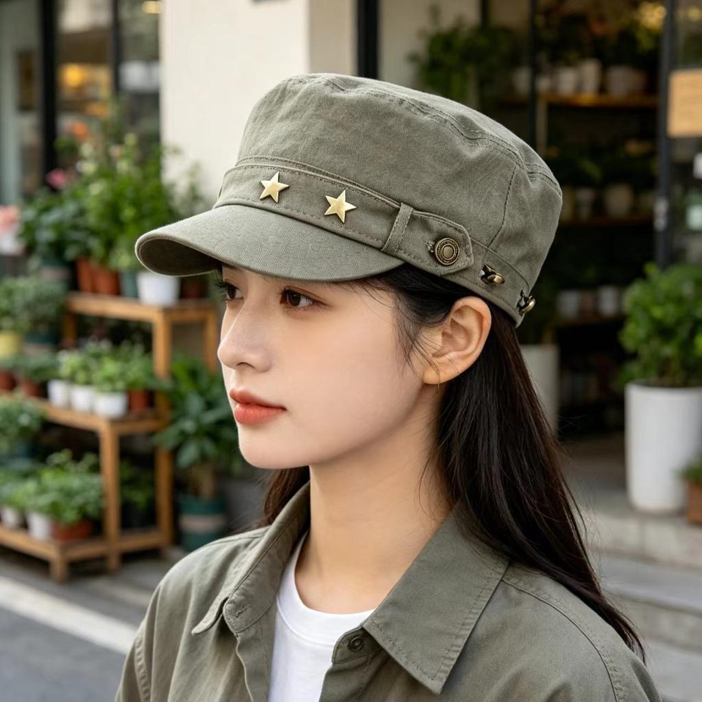 Flat-top equestrian hat for women, small face in autumn and winter, big head circumference, Maillard retro duck tongue beret, new model.