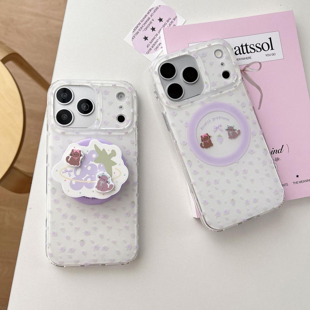 Soft Cute Cat Purple Floral Application iPhone17Pro Max Apple 16 Mobile Phone Case Magnetic Suction 14/15 Double Layer