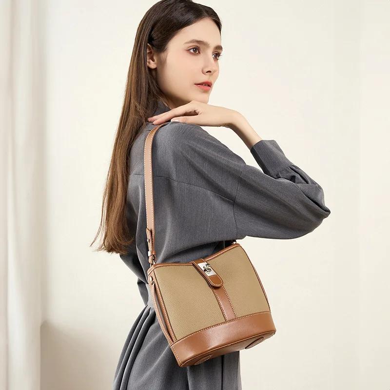 Genuine leather leather bucket shoulder bag for women  luxury bags  women's crossbody bags
