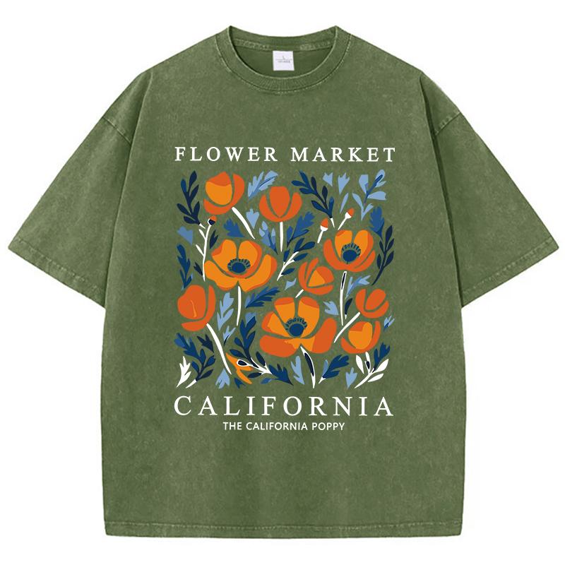 

Flowers Market California Prints Washed TShirts Womens Cottontops Comfortable ONeck Oversize T Shirts Fashion Womans Clothes S