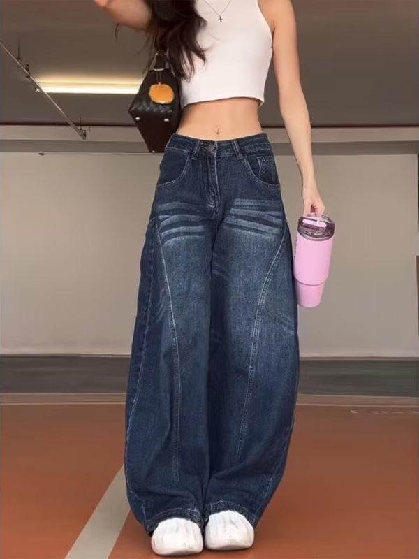 Women's American Retro Wash Denim Wide-Leg Floor-Length Pants