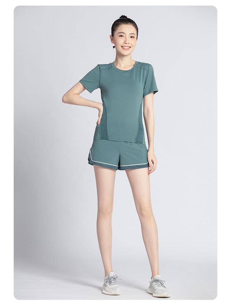 Women's Summer Yoga Outfit: Quick-Drying Short-Sleeve Top, Stretchy Mesh, Fashionable and Lightweight Fitness Wear for Morning Runs.