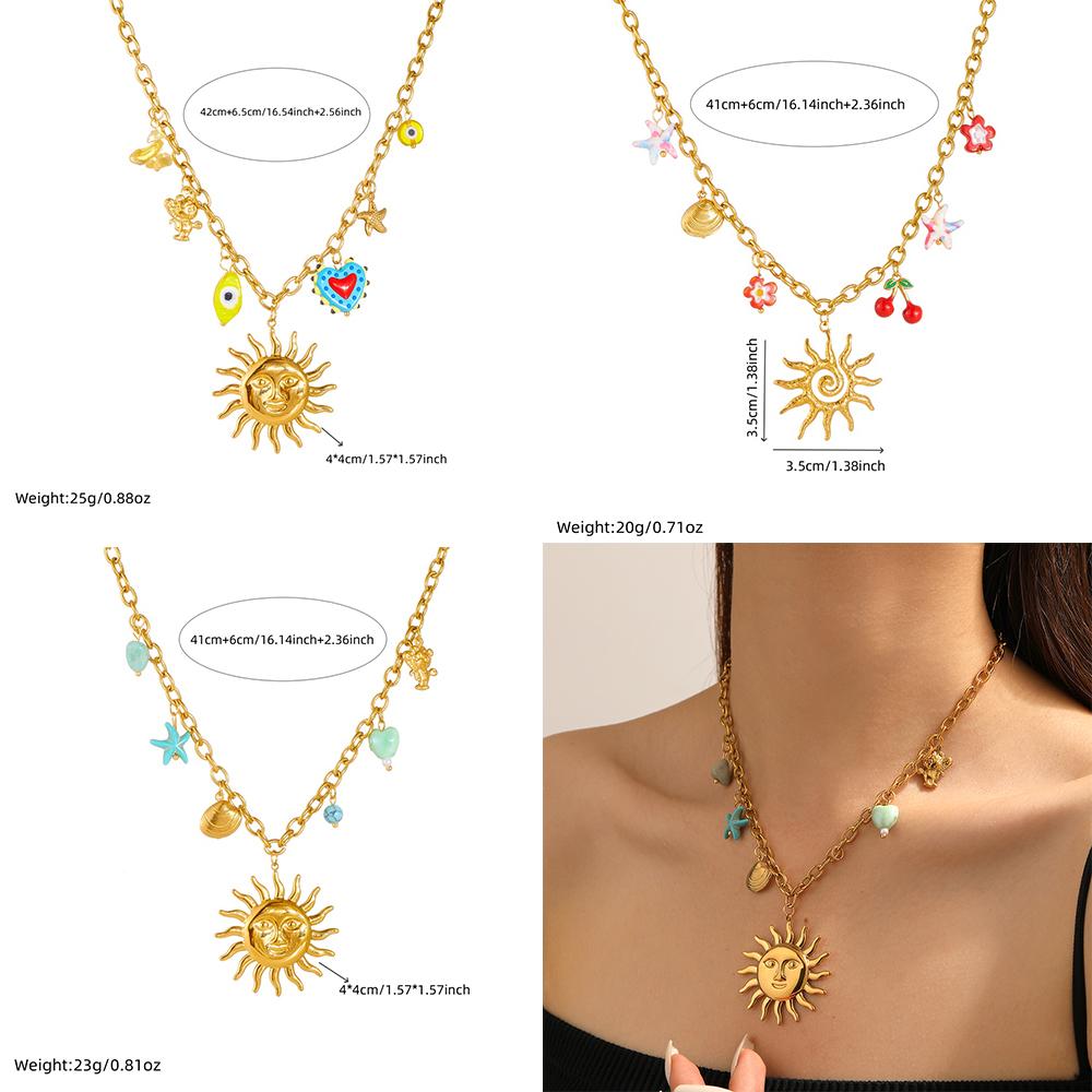 DIEYURO 316L Stainless Steel Golden Personality Sun Serie Multi Pendant Necklace Women New Fashion Neck Chain Vacation Jewelry