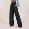 Lockere Hose mit weitem Bein und Tasche für Damen, lässige Hose mit Knopfleiste, elastischer Taille, lockere Hose aus Baumwollleinen