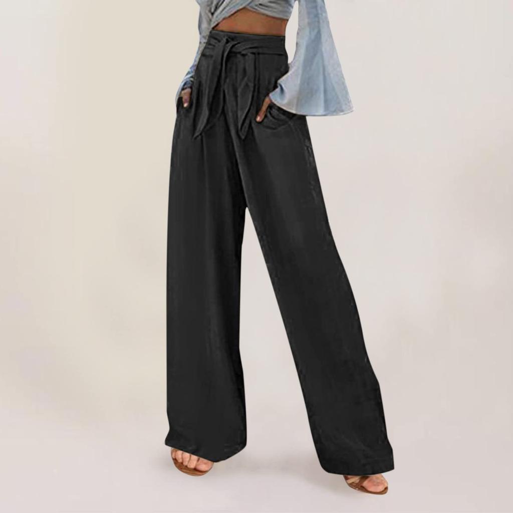 Lockere Hose mit weitem Bein und Tasche für Damen, lässige Hose mit Knopfleiste, elastischer Taille, lockere Hose aus Baumwollleinen
