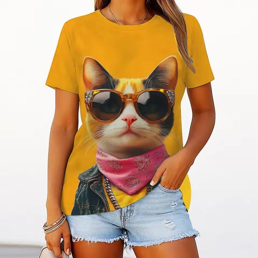 Women's round neck T-shirt Summer casual fashion short-sleeved top 3D cat print animal pattern Large Size Women's Clothing