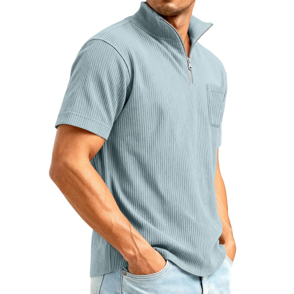 Men's 1/4 Zip Corduroy Short Sleeve Top | Loose Fit Fashion Casual Pullover For Daily Wear