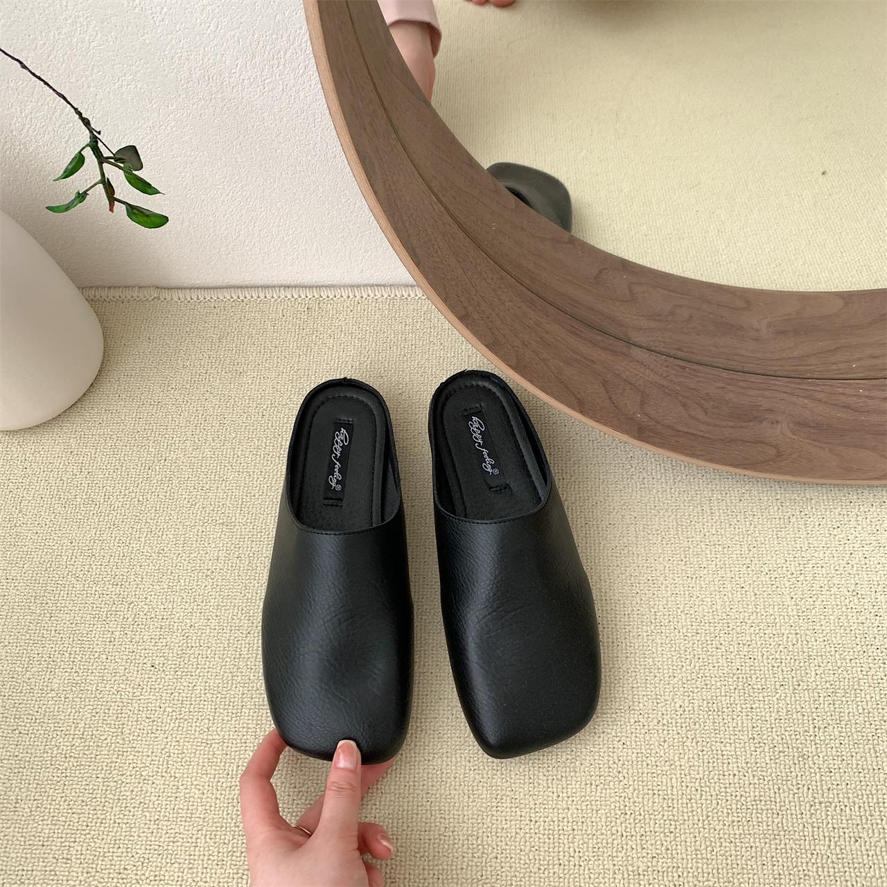 

Модные тапочки Bailamos для женщин, женские балетки из мягкой кожи, слипоны, обувь для бабушек, женские мокасины в стиле ретро с квадратным носком, уличные шлепанцы M 40 чёрный