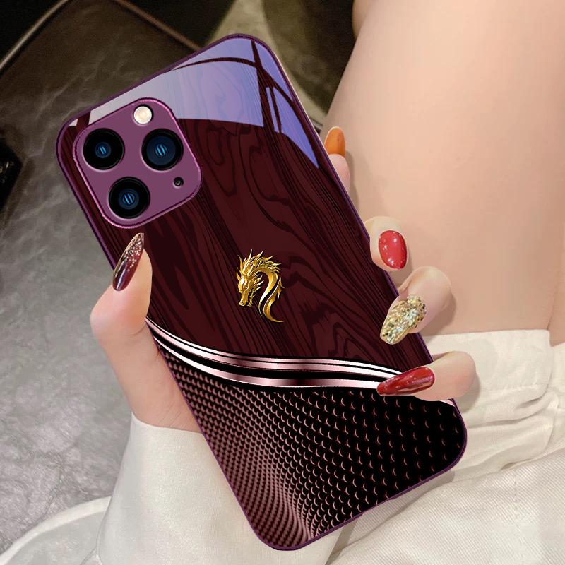 Wood Grain Dragon Rose Purple For IPhone 15 Pro 14 13 12 Mini 11 XS Max XR 7 8 Plu SE 2020 2022 Tempered Glass Phone Case