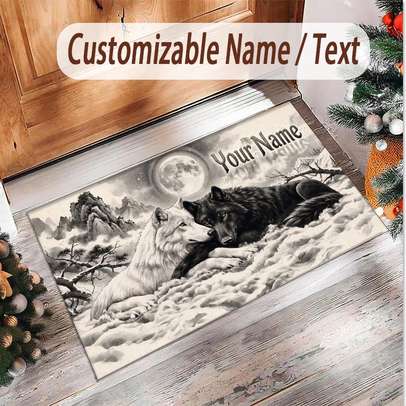 Wolf Theme Soft Crystal Velvet Rug Custom Name & Text Print Non Slip Floor Rug for Bedroom Living Room