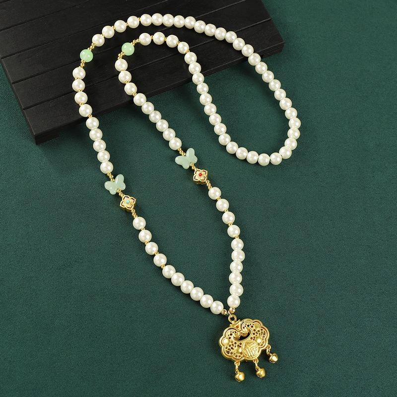 Original pearl long necklace ancient sand gold pendant women's high-end sweater chain retro accessories