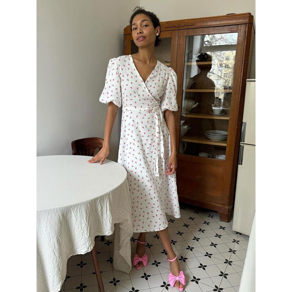 Casual Women's Summer Dresses Cotton Floral Print A-line Midi Dress with Side Slits Long Elegant White Dress for Women