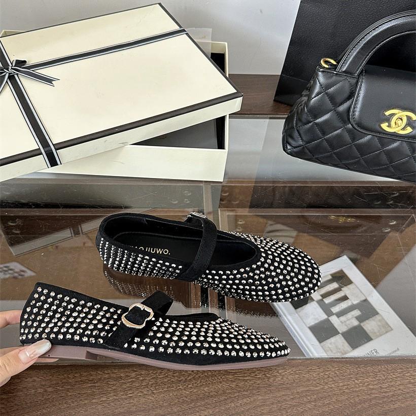 Foreign Trade Full Diamond Mary Jane Single Shoes Women's 2025 New Shallow Mouth One-word Buckle with Round Head Flat-soled Beanie Shoes