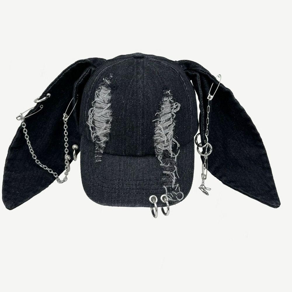 

Dark Color Rabbit Ears Baseball Cap Ripped Design Y2k Trend Cap Fashion Statement B