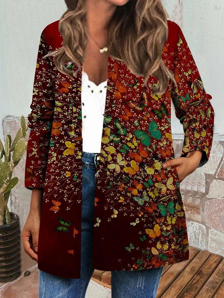Women's Crew Neck Long Sleeve Cardigan Oversized Vintage Ethnic Print Plus Size Open Front Jacket Casual Outerwear