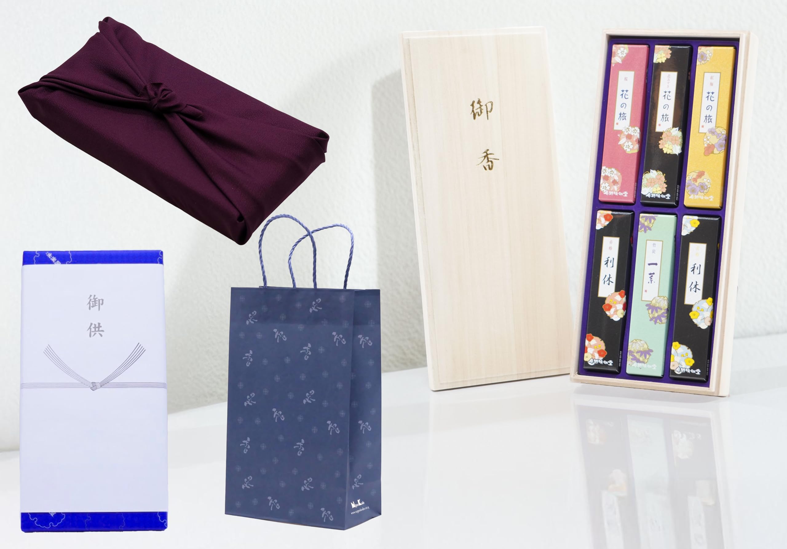 

[Carrying Bag & Kyoto Furoshiki (Purple)] [Flower Journey 6-Flavor Incense Assortment, Japanese Flowers] Incense Set, Ultra-Low Smoke, Paulownia Wood