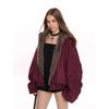 Women's Faux Fur Trimmed Suede Jacket Oversized Wine Red Winter Coat