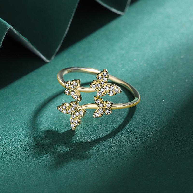Open Adjustable S925 Sterling Silver Butterfly Ring with Full Diamonds