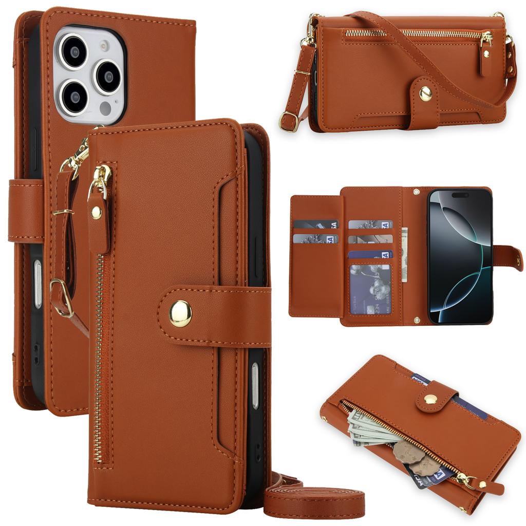 Zipper Leather Wallet Flip Case For iPhone 17 Pro Max 16 15 14 13 12 11 16E 16Plus Luxury RFID Stand Book Long Lanyard Bag Cover