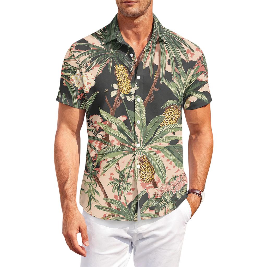 Casual losvallend herenshirt met korte mouwen, tropische bloemenprint, knoopsluiting, voor zomer, strand, buiten