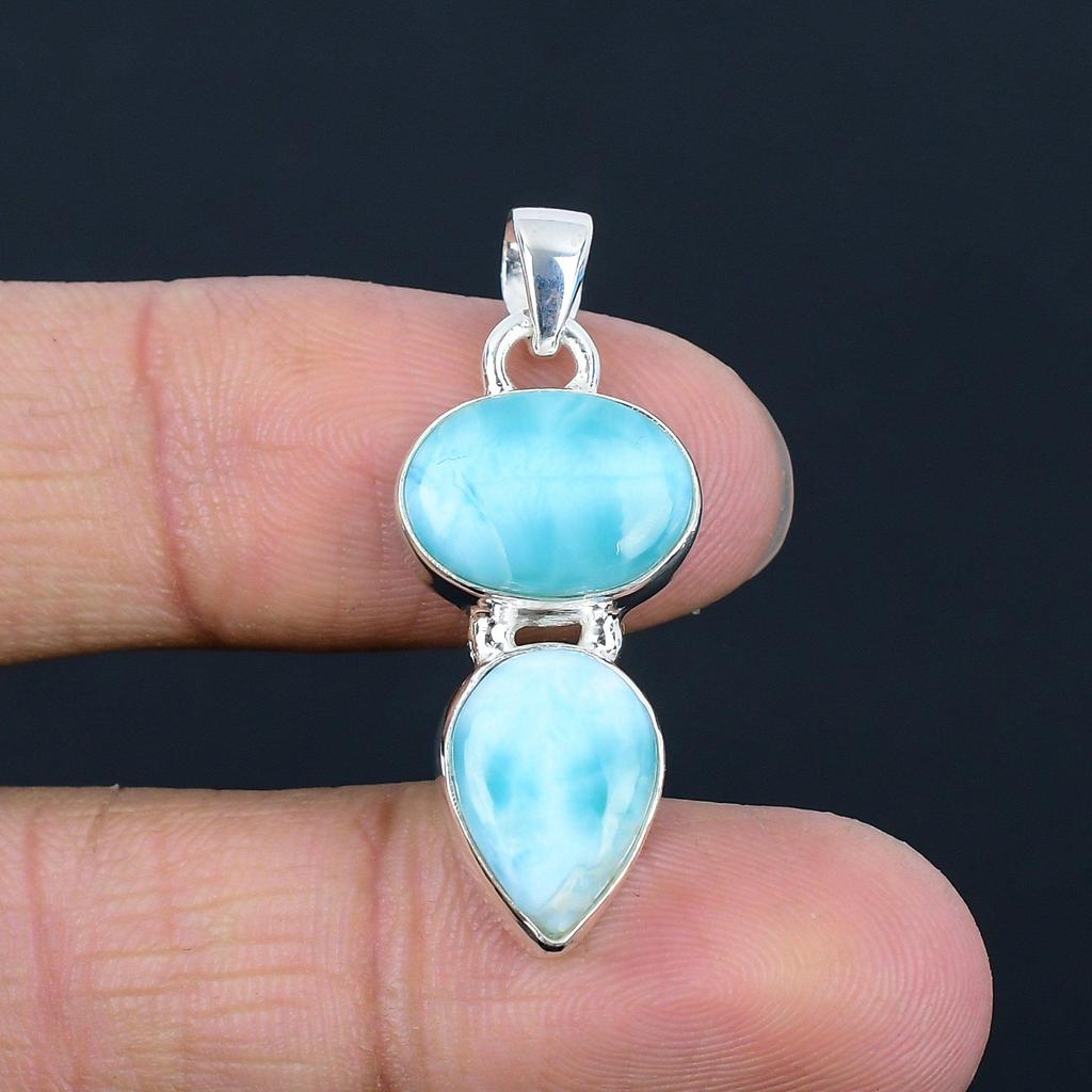 Natural Larimar Gemstone Pendant, 925 Sterling Silver, Handmade Two Gemstone Pendant Jewelry, Valentine's Day Gift For Her