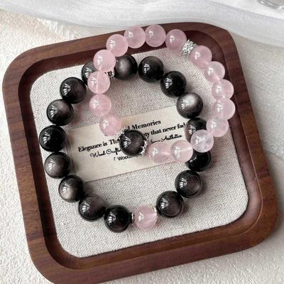 Couple Bracelets: Silver Obsidian and Rose Quartz Design, Perfect Qixi Festival Gift