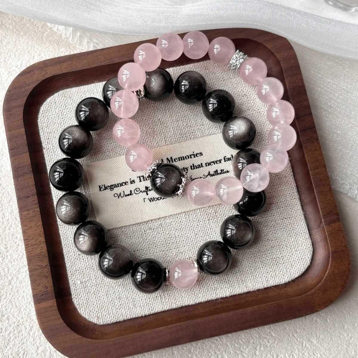 Браслеты для пары: Дизайн из серебристого обсидиана и розового кварца, идеальный подарок на праздник Циси