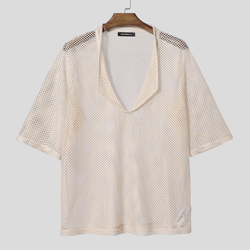 INCERUN Oversized Men Deep V Long Sleeve Hollow Loose T-shirts Tops