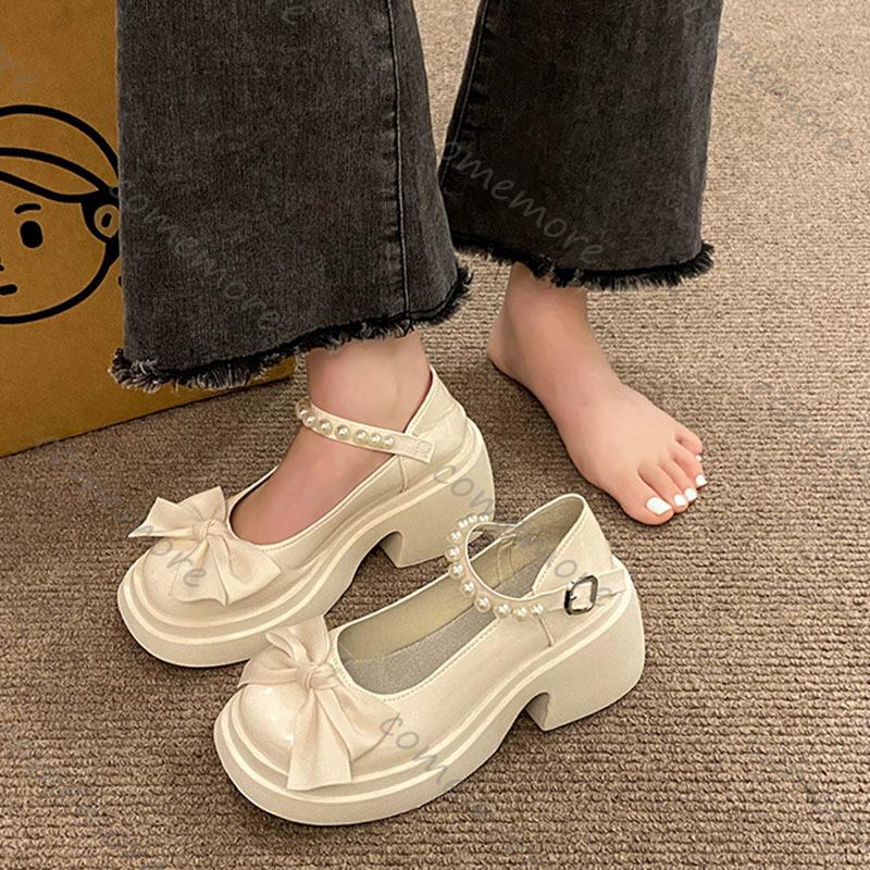 Fashion Comemore Mary Jane Leather Shoes Women's Thick-soled Heightening Single Shoes New Sweet Bow Shallow Mouth Loafers Single Shoes