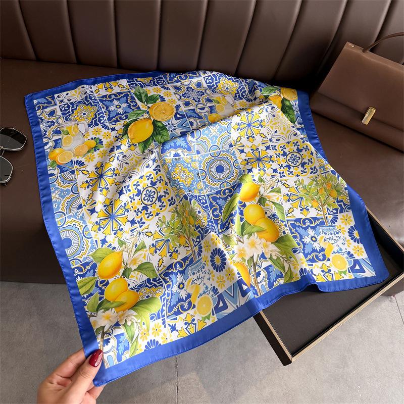Nieuwe Zomer Citroenprint 70cm Vierkante Strand Zijden Sjaal Casual Elegante Dunne Ademende Nek Vrouwen Hoofddoek Haar Sjaals Sjaal 70x70cm white