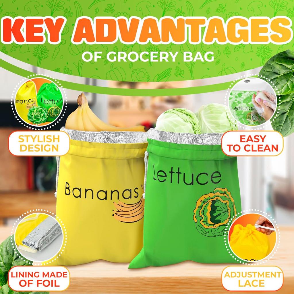 2Pcs Reusable Cotton Vegetable and Fruit Storage Bags Eco Friendly Drawstring Produce Fresh Keeping Pouches for Kitchen Refrigerator Freezer