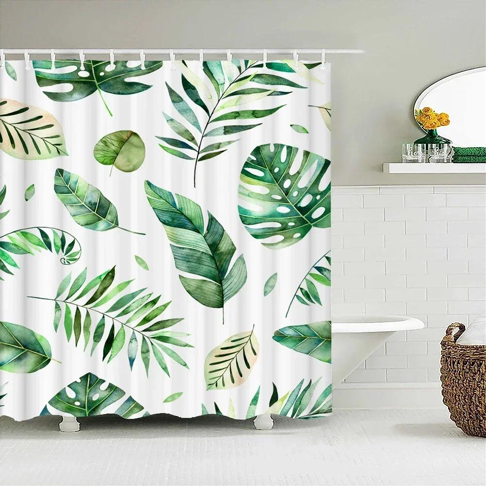 3D Printed Green Tropical Plants Shower Curtains Bathroom Waterproof Polyester Leaves Bath Curtain Shower Curtain Bath Screen
