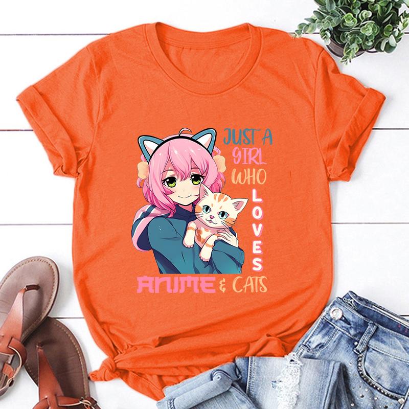 New Hot Just A Girl Who Loves Anime Cats Printed T-Shirts Women Unisex Casual Loose Round Neck Creative Personalized T-Shirt