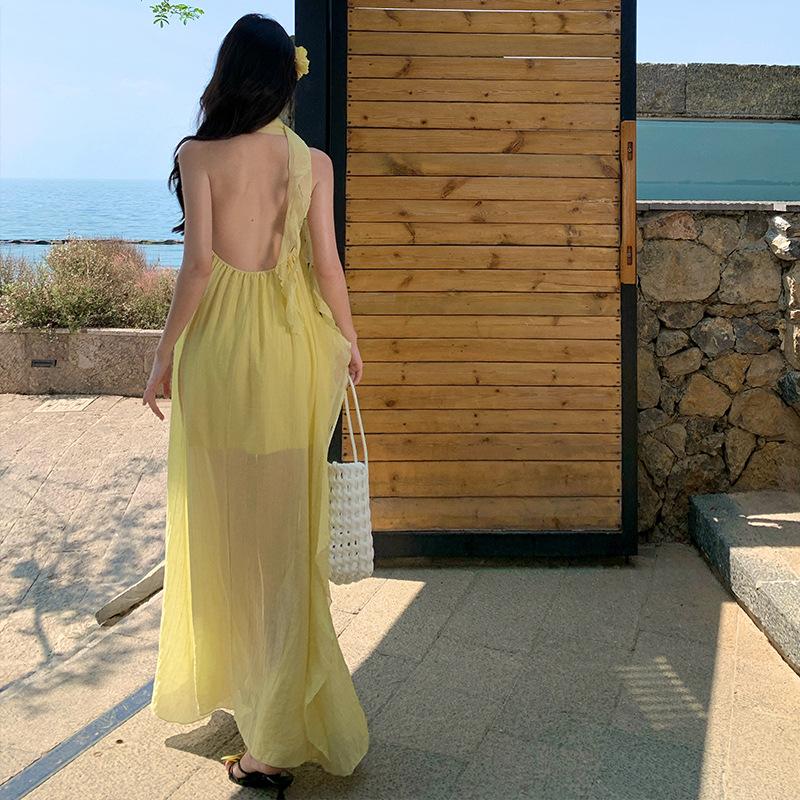 Design Sense Niche Dress Irregular Neck Birthday Party Dress Vacation Yellow French Stunning Skirt Women