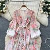 Spring Bohemian Floral Maxi Dresses for Women Runway Cross V-Neck Long Lantern Sleeve Sashes Beach Holiday Dress Boho Robes
