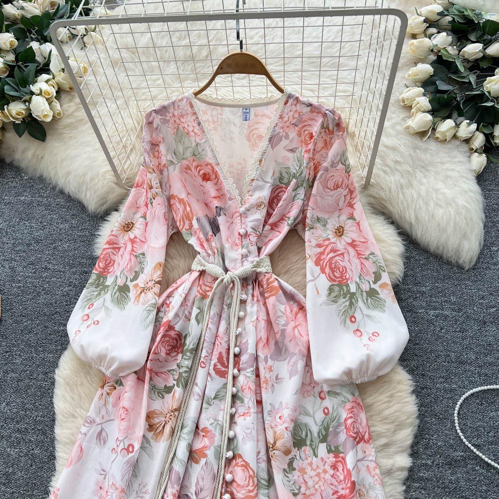 Spring Bohemian Floral Maxi Dresses for Women Runway Cross V-Neck Long Lantern Sleeve Sashes Beach Holiday Dress Boho Robes
