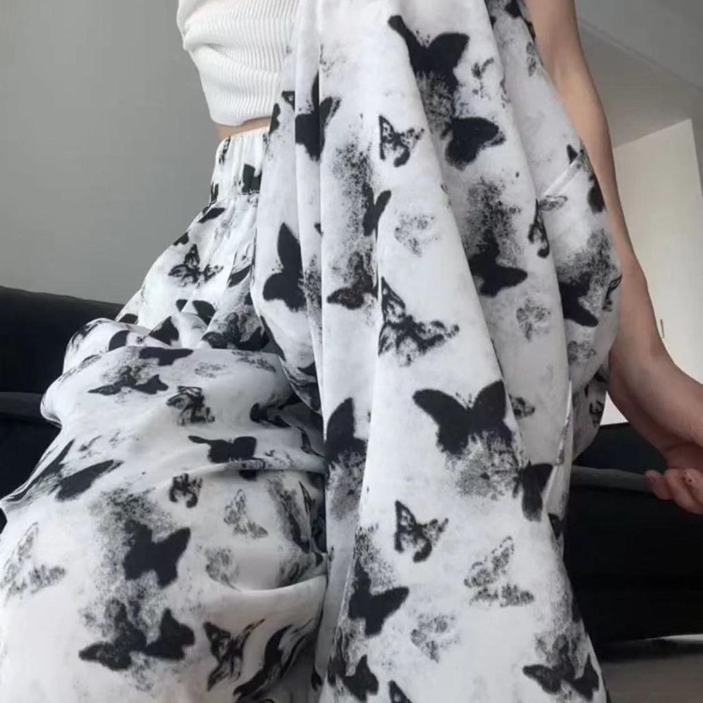 Ink Wash Chinese Style Wide-Leg Pants for Women - Summer Thin High-Waisted Butterfly Casual Straight-Leg Tie-Dye Ice Silk Sun-Protective Trousers