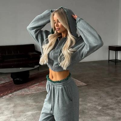 Casual Women's Suit Features Color-blocking Rough Long-sleeved Coat Strap-up Trousers Two-piece Set