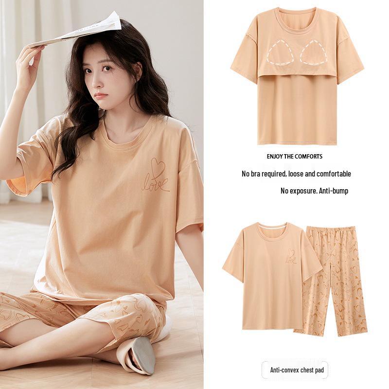 2025 Women's Summer Capri Pajama Set: Short-Sleeve, Thin Cotton with Breast Pads, Versatile for Home or Outside Wear