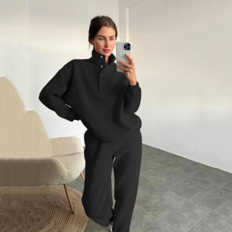 Womens Street Style Tracksuit Set Solid Color Button Stand Collar Sweatshirt Loose Pants