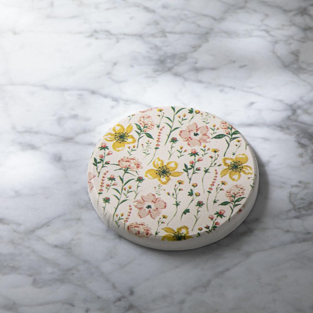 &NE Lava Stone Coasters with Yellow Flower Print, 9cm Diameter X 1cm Thick, Absorbent, Lava Stone, Asbestos-Free, Quick-Drying, Round, Small, Floral