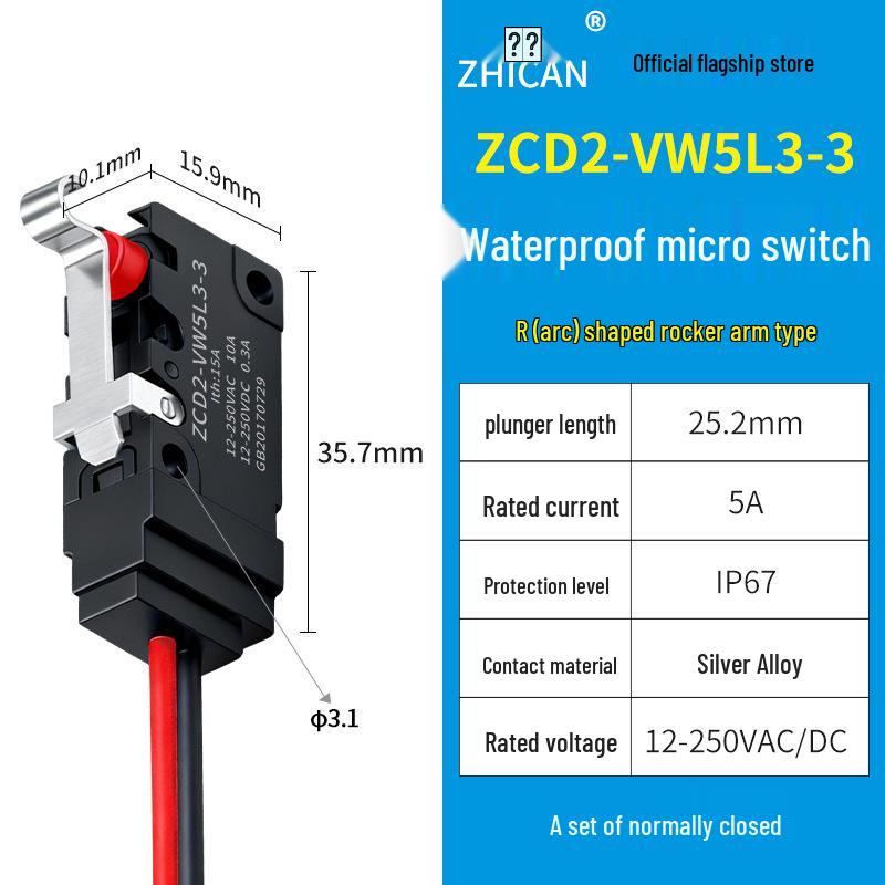 IP67 Waterproof Micro Switch, 5L1B/5L2A/5L3 Models, Straight Lever Roller, 1 NO/1 NC Limit Switch.
